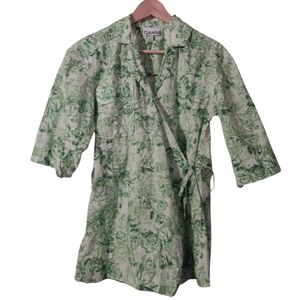 GANNI Green Floral Wrap Tie Waist Collared 100% Cotton Blouse Top XXS/XS Designe